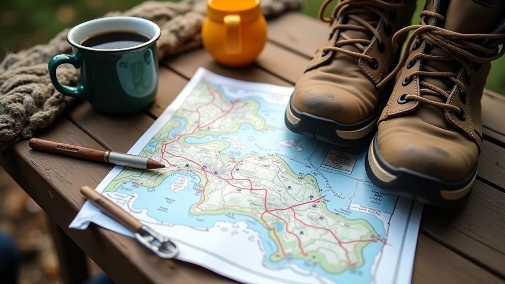Žygio check-list sąrašas ant stalo su žemėlapiu, pudeliu kavos ir žygio batais